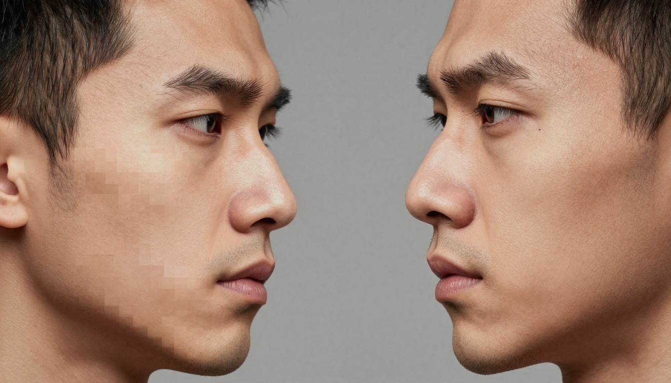 Before and after comparison of pixelated vs 4K upscaled portrait clarity