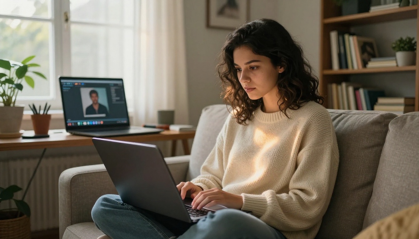 Casual user evaluating AI upscaling tool on a laptop at home