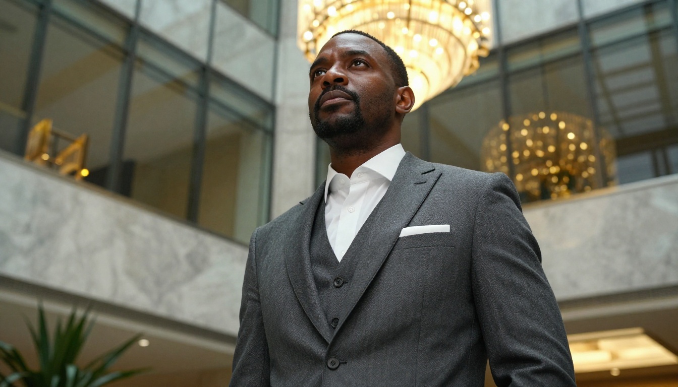Low angle authority portrait of Black executive in office lobby with herringbone suit