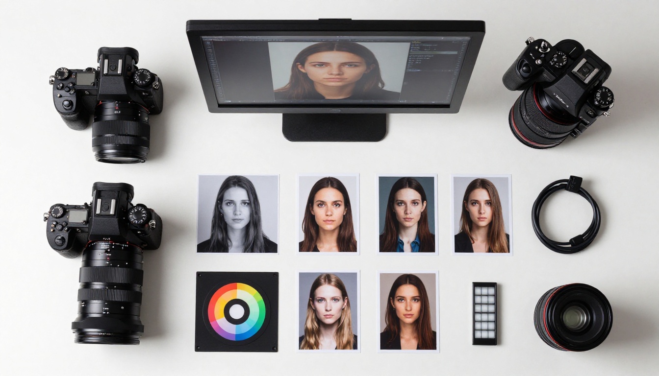 Photography gear and 4K monitor flat-lay representing the AI headshot production workflow
