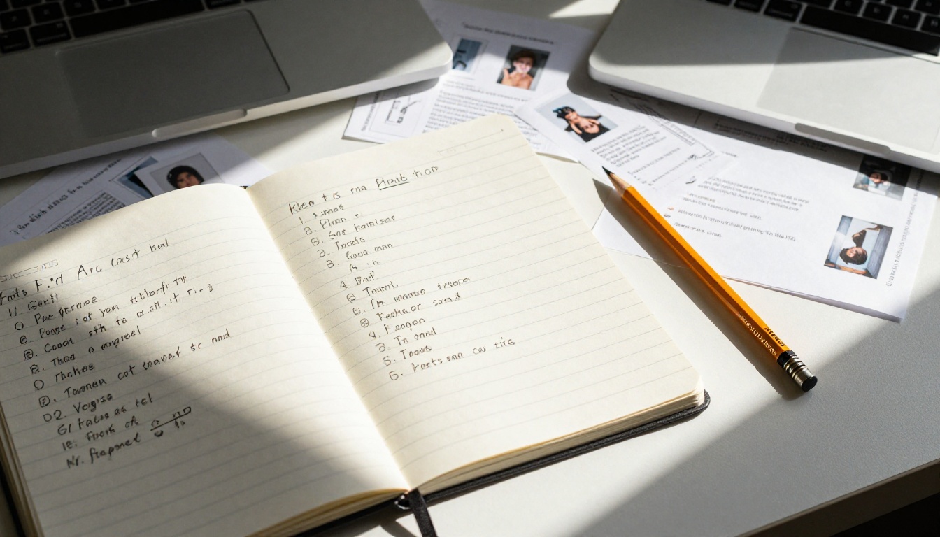 Aerial flat-lay of creative workspace with prompt notes and AI image outputs scattered on desk