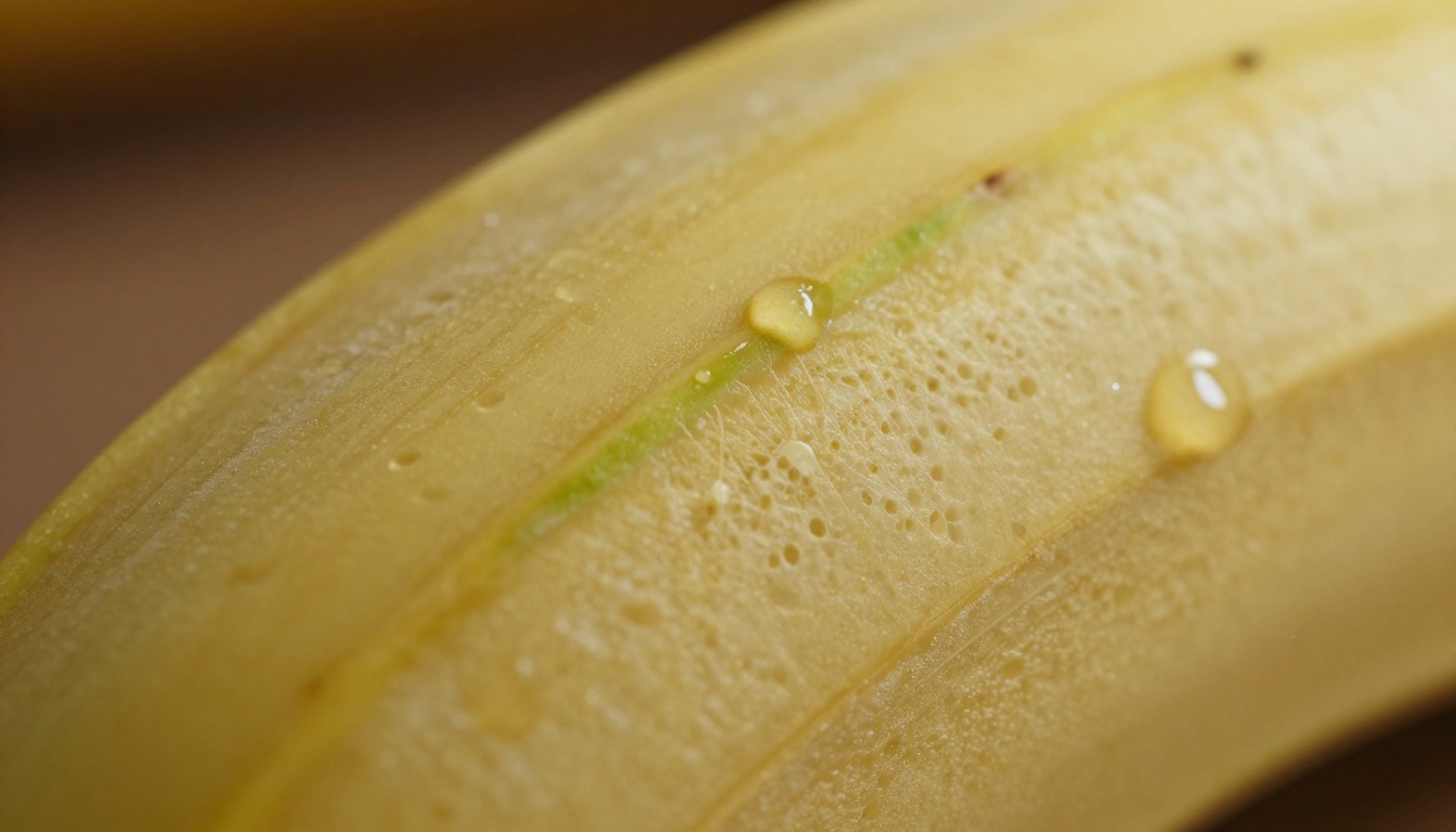 4K macro texture comparison showing banana skin with water droplets and natural morning sidelight, every pore and fiber in crystalline detail