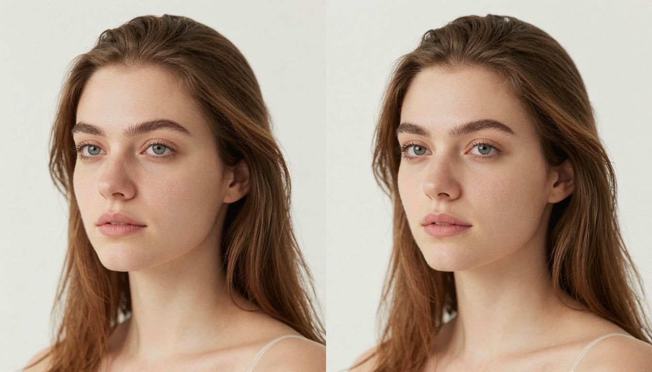 Side-by-side 4K portrait photograph comparison showing skin pore detail and natural window sidelight, two AI model outputs at identical composition