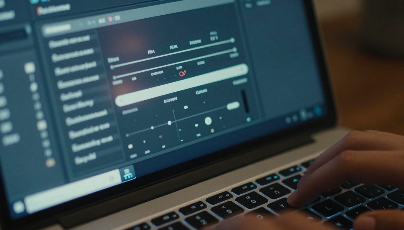 Close-up of laptop screen showing AI image generation settings panel and parameter sliders