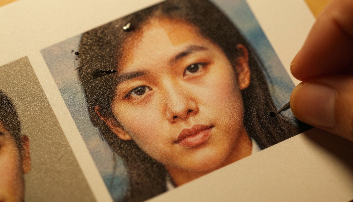 Macro close-up of printed AI-generated image showing pixelation artifacts held against golden backlight