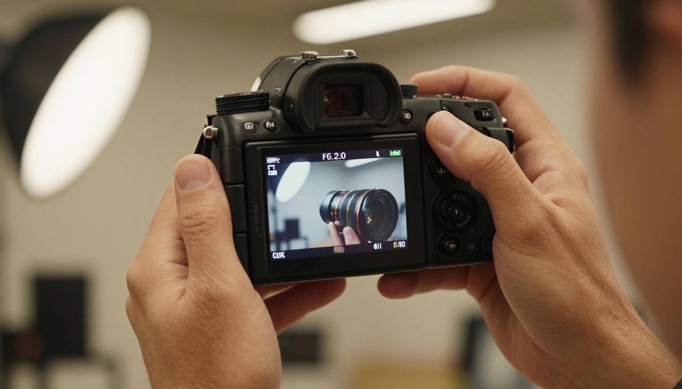 Professional photographer reviewing AI-generated 4K comparison images on studio monitor with camera equipment visible in background blur
