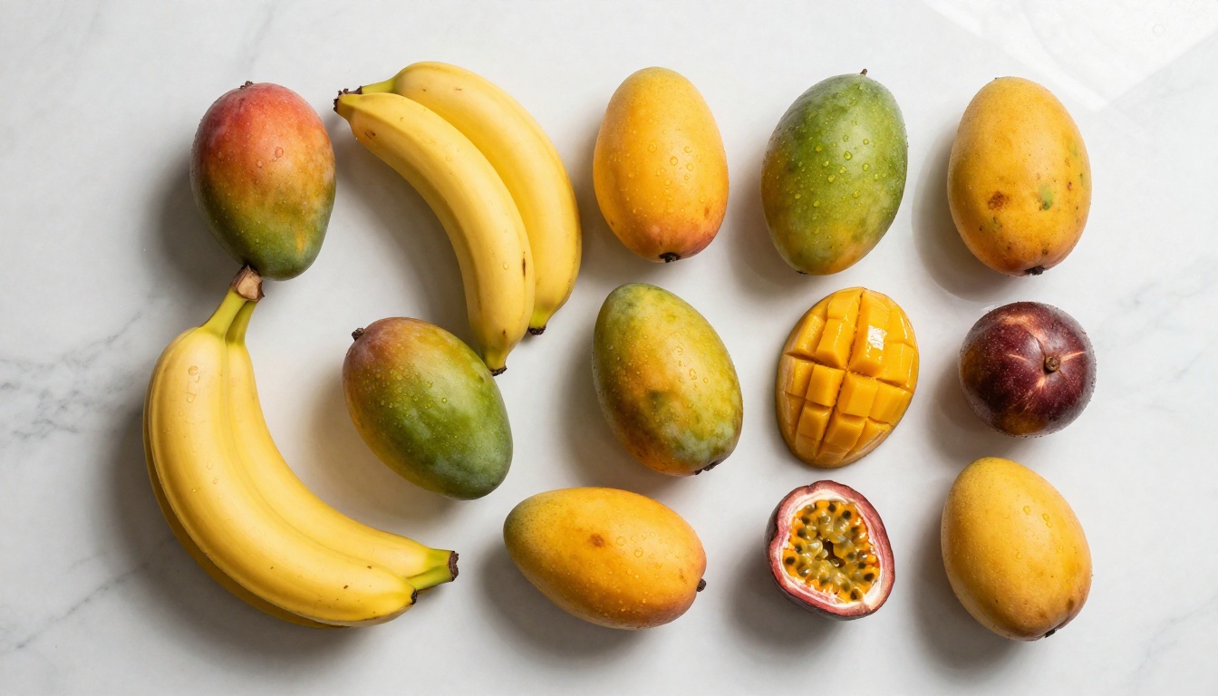 Aerial top-down 4K photography of tropical fruits on white marble showing micro-texture across every skin surface with water droplets and natural diffuse daylight