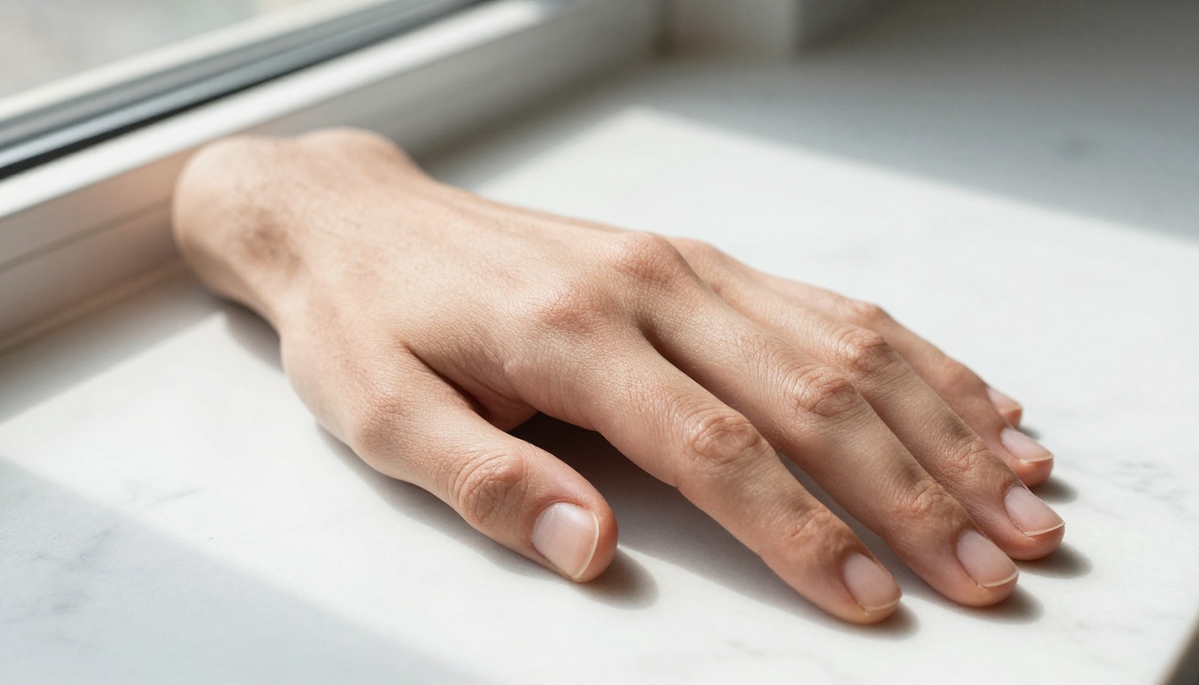 Close-up photograph of a human hand on marble surface showing extreme skin texture and pore detail