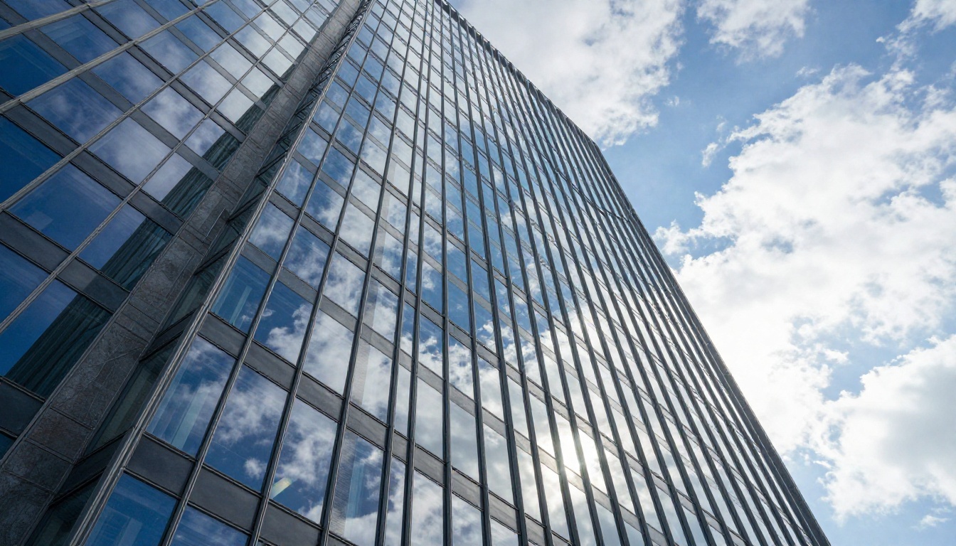 Low-angle 4K architectural photography looking up at a glass building with authentic chromatic aberration and razor-sharp facade reflections