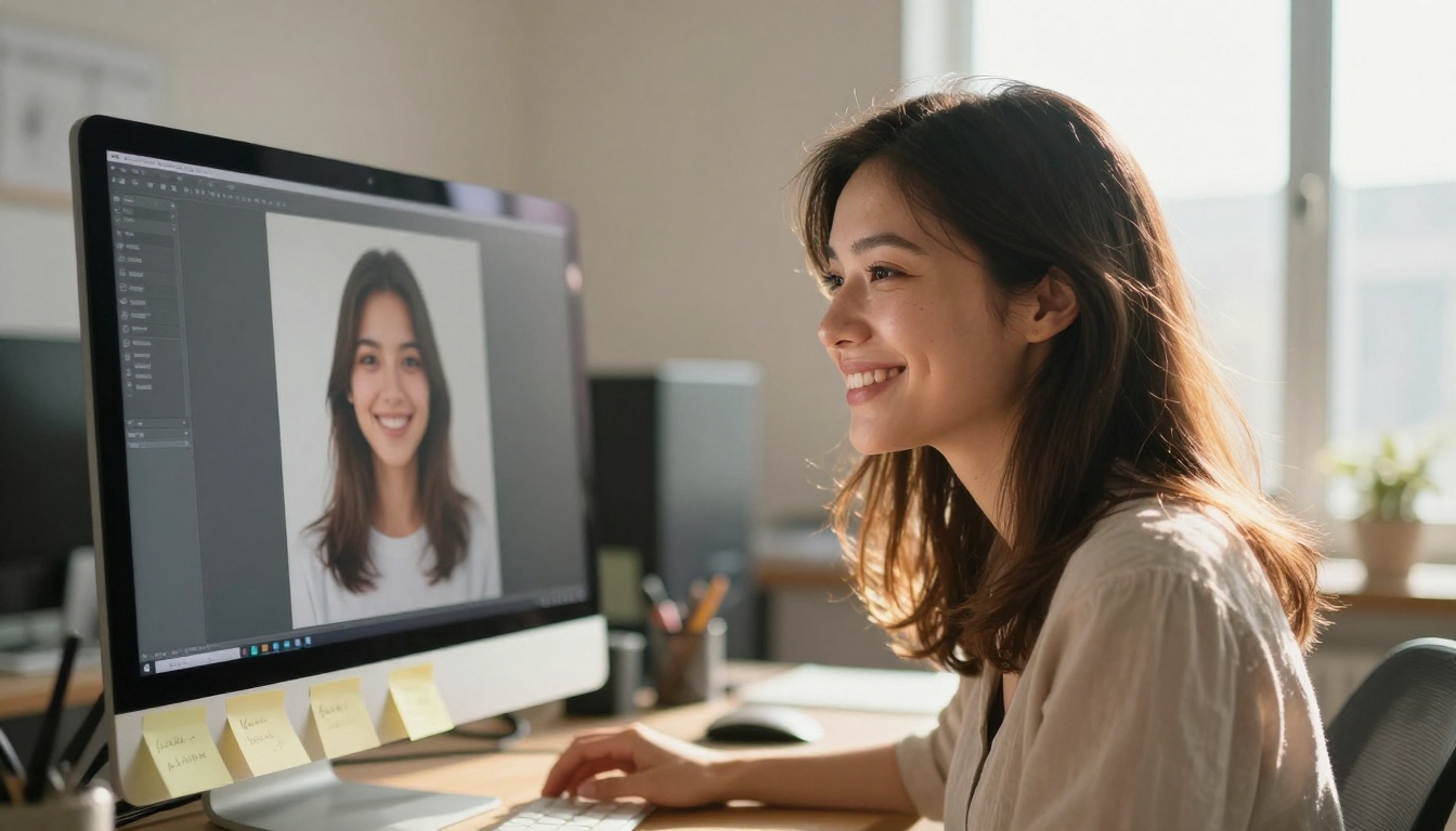 Young woman smiling while reviewing sharp high-quality AI image results on large desktop monitor