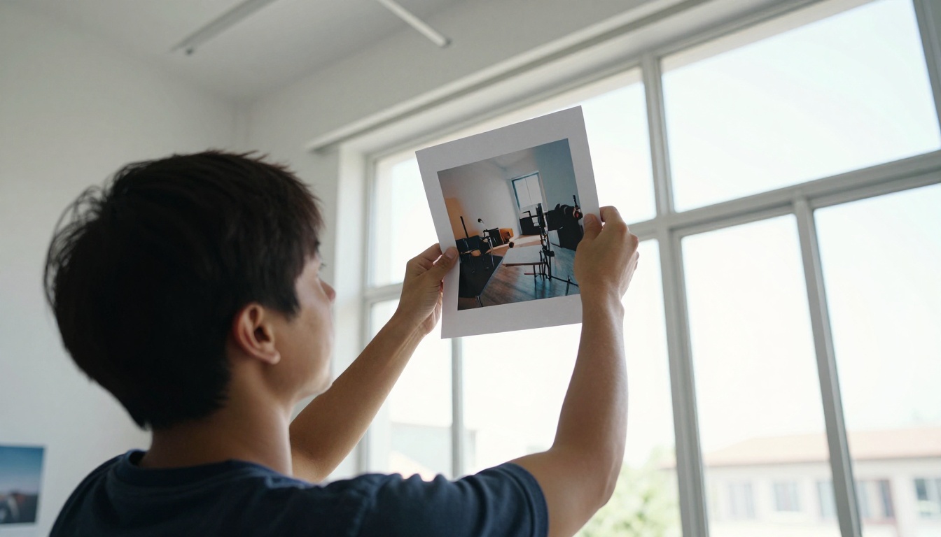 Professional photographer reviewing printed AI image outputs against natural daylight in bright studio
