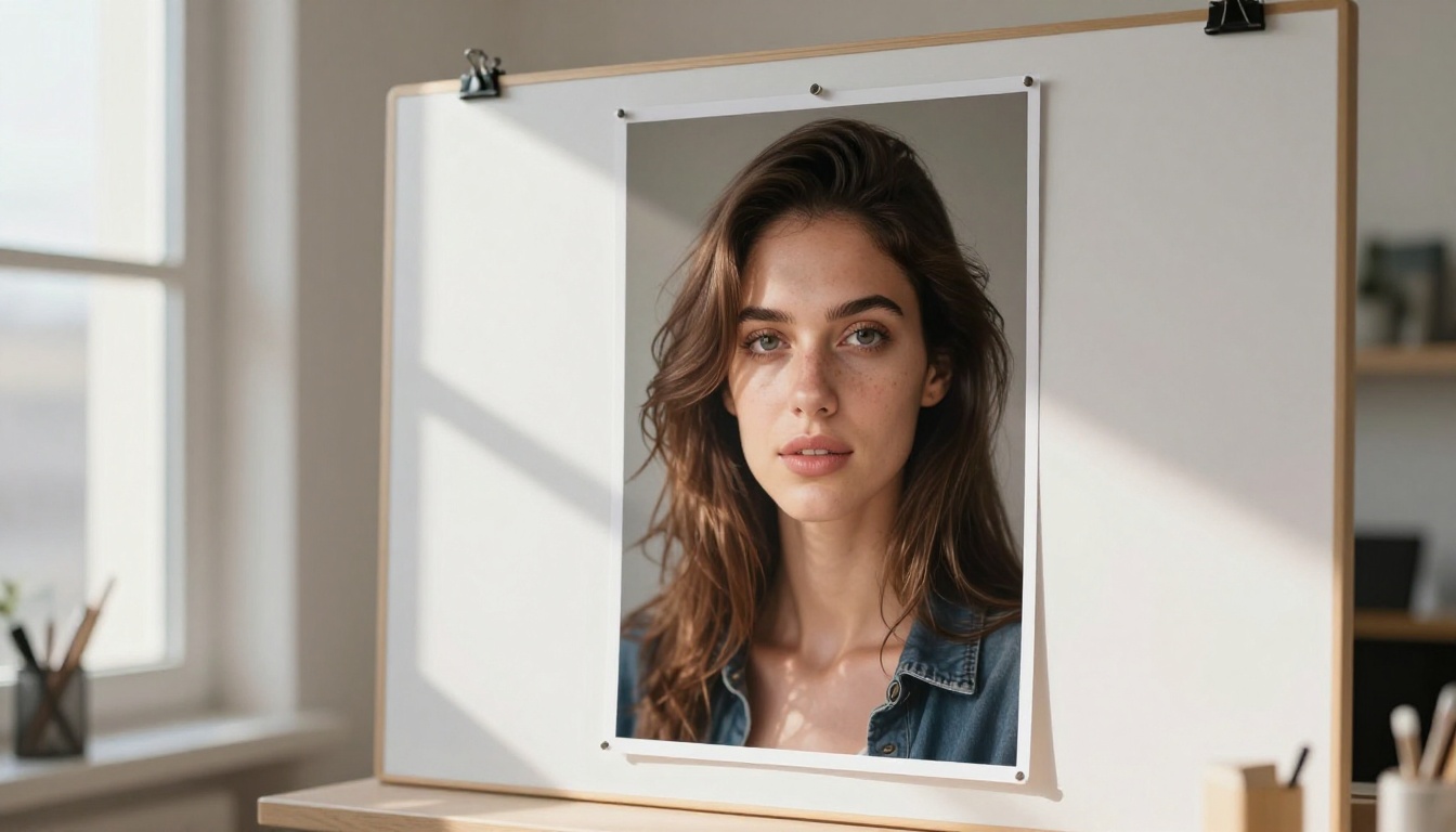 Professional quality AI-generated portrait print displayed on a white cork board in a design studio