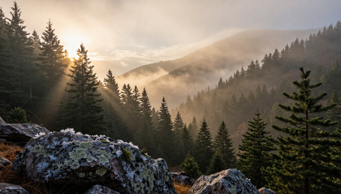Wide-angle 4K mountain valley landscape at golden hour with volumetric fog threading through pine forest, every needle individually visible in foreground