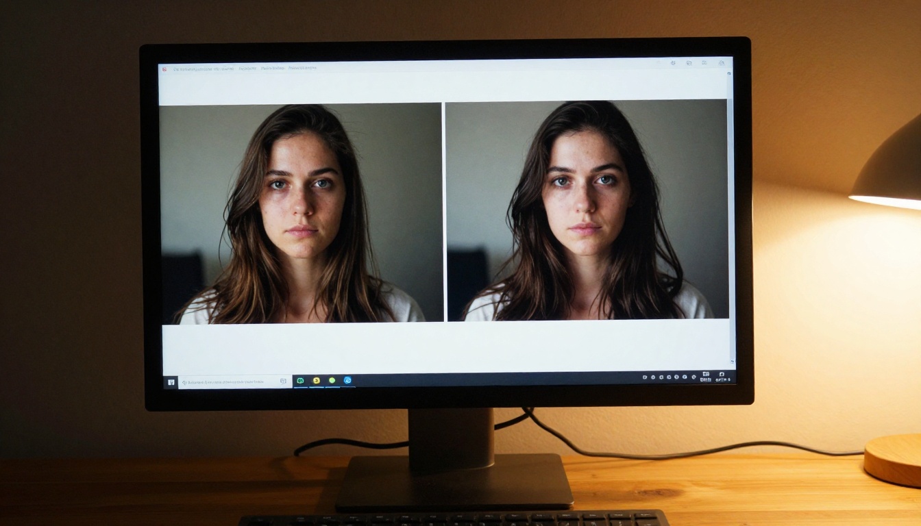 Professional monitor displaying AI-generated 4K comparison images side by side in a photography studio setup with ambient desk lamp