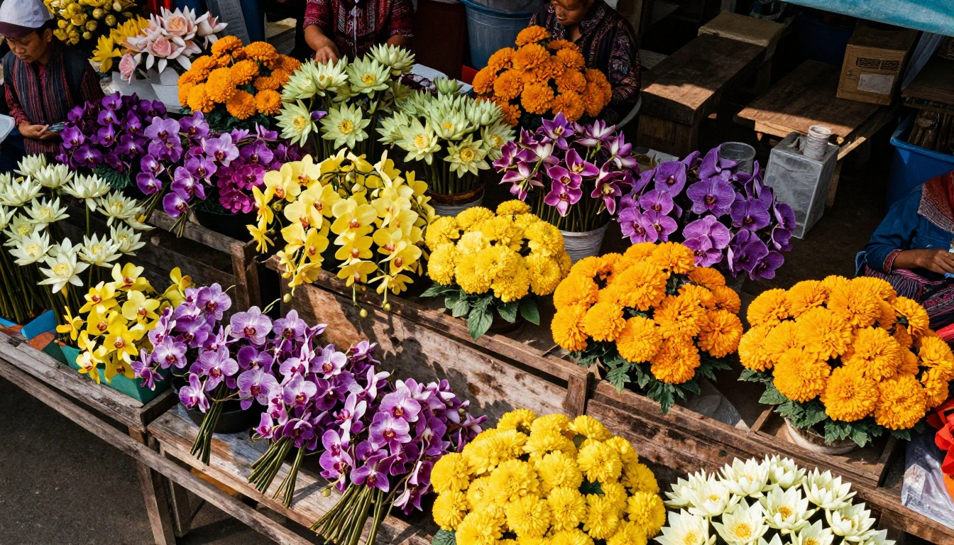 Aerial top-down 4K photography of a colorful Southeast Asian flower market with individual petal veining visible in background stalls