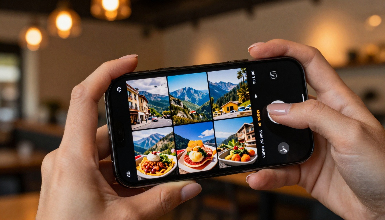Close-up of phone screen with razor-sharp Instagram grid