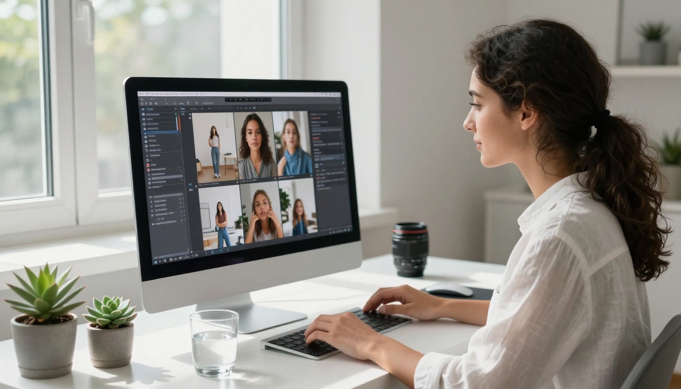 Content creator reviewing crisp social media graphics on a large monitor
