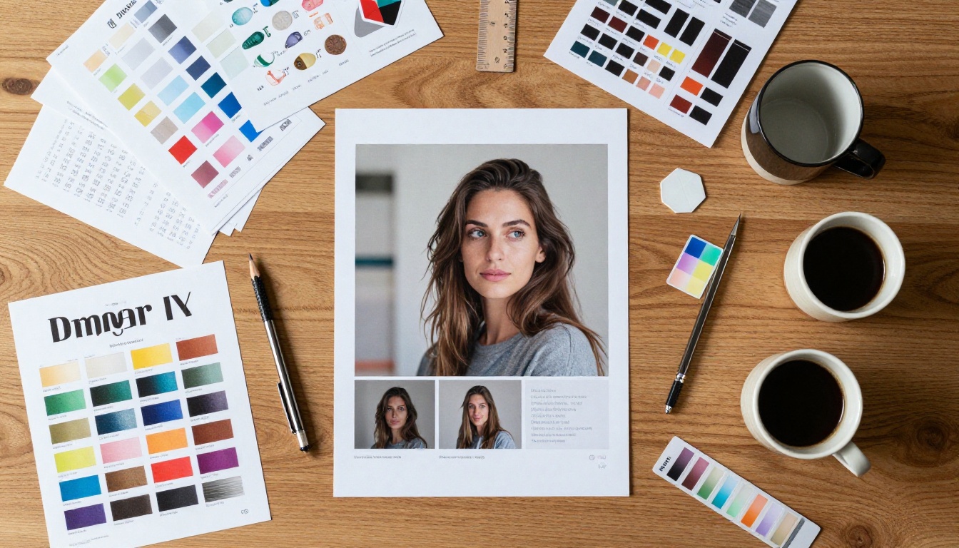 Flat-lay workspace showing printed social media graphics quality comparison