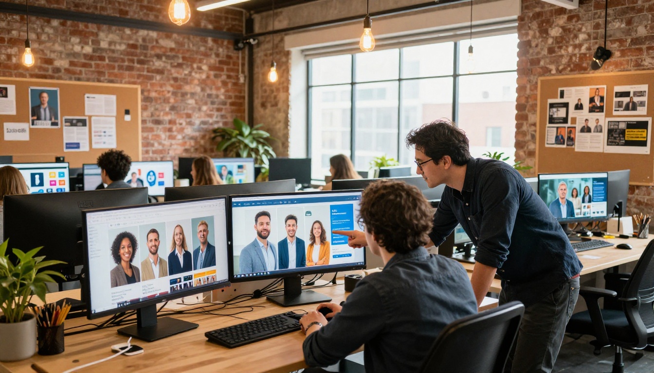 Marketing agency team reviewing social media campaign images