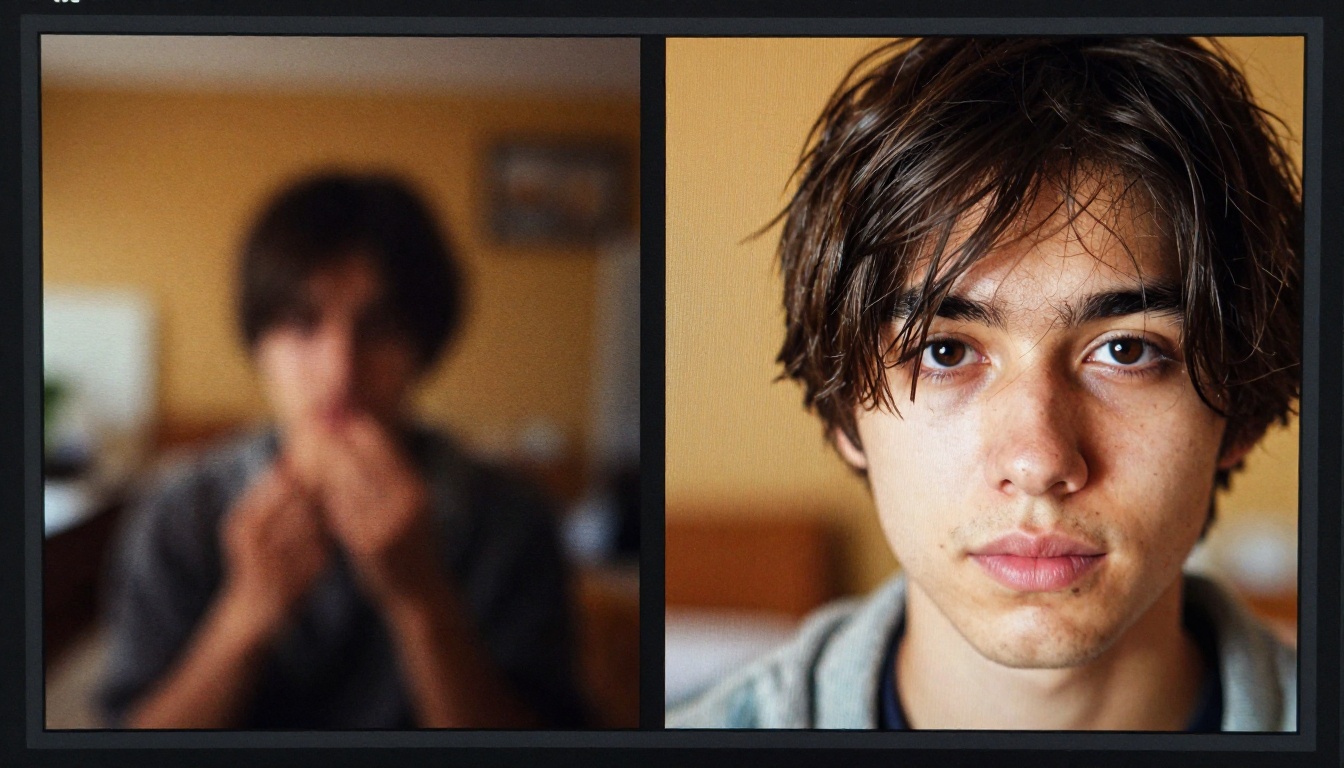 Macro close-up of screen showing sharp vs blurry social media image comparison