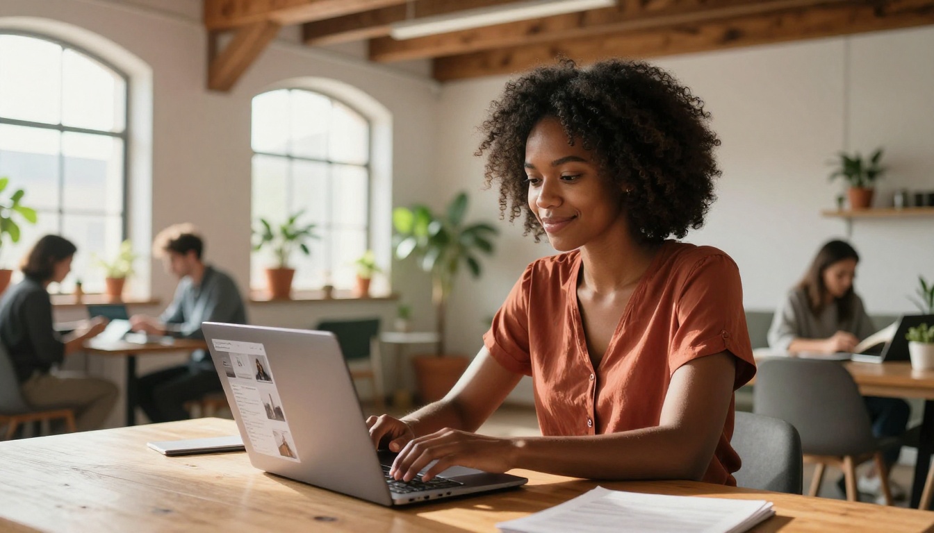 Woman working on social media content in a bright co-working space