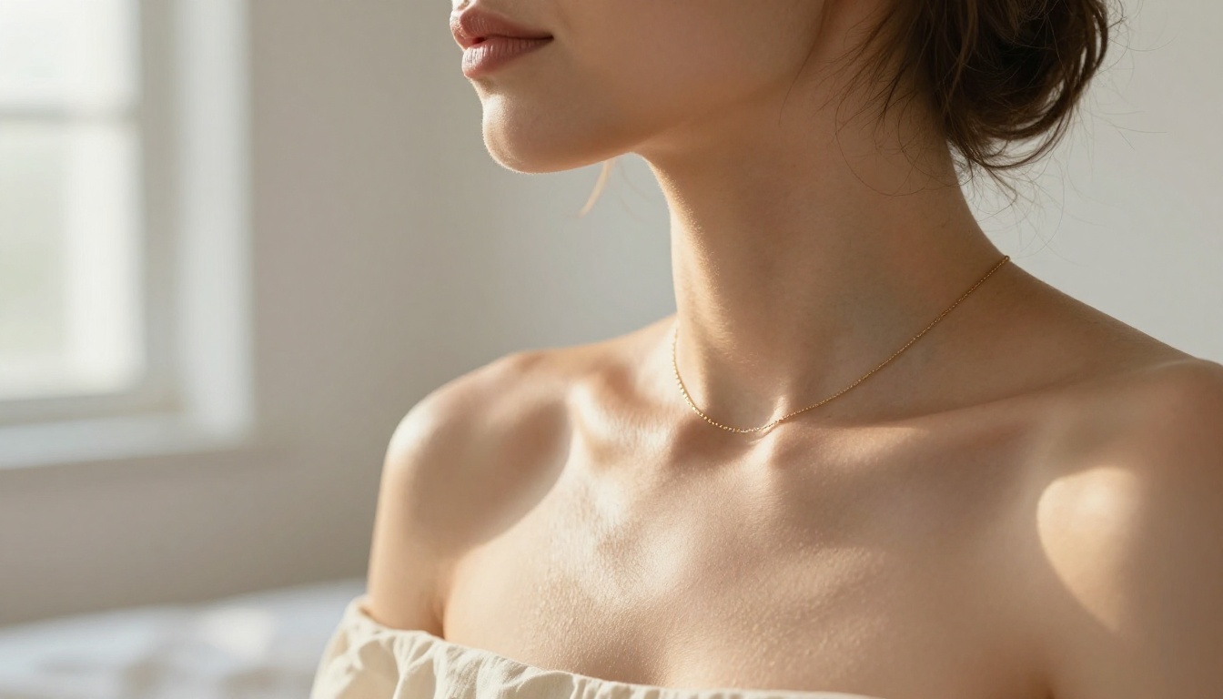 Ultra-high-detail skin texture rendered at 4K, showing photorealistic pore variation and natural warm morning light on bare skin and collarbone