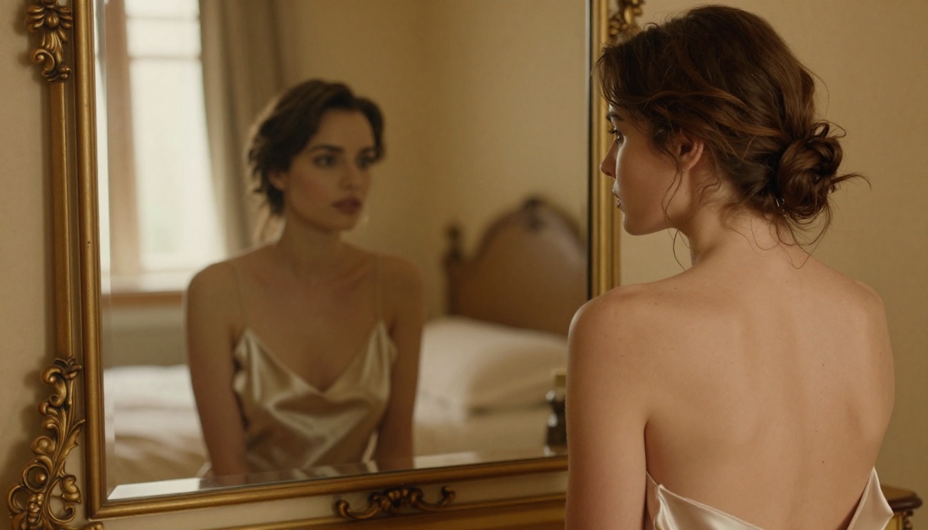 Woman's bare back and shoulders at a warm-toned vanity mirror, photorealistic side profile showing 4K skin detail, spine curvature, and natural skylight