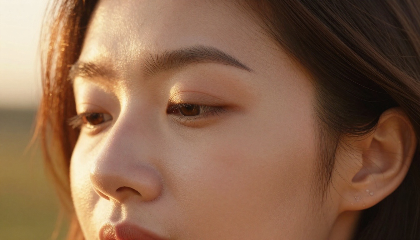 Woman's face at golden hour, extreme close-up showing photorealistic skin micro-texture, natural peach fuzz, and authentic light gradients at 4K