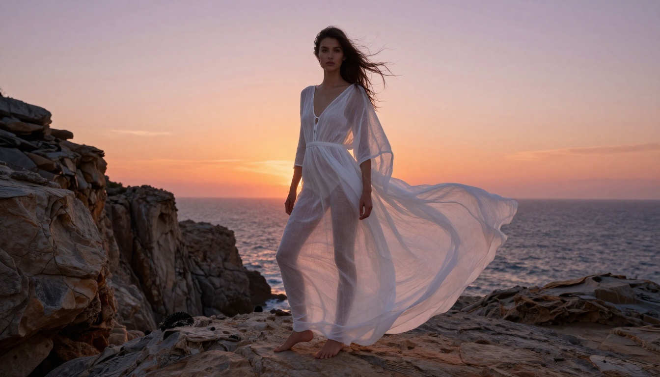 Woman in sheer white linen dress on a coastal cliff at sunset, wind-blown fabric and hair demonstrating dynamic motion and authentic 4K lighting gradients