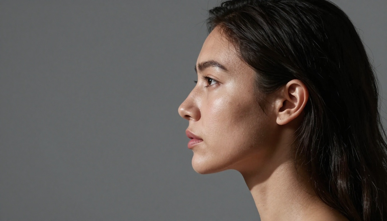 Side profile portrait with Rembrandt lighting showing skin pore and texture rendering quality at test resolution