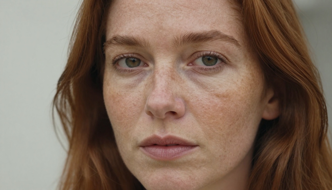 Freckled auburn-haired portrait showing skin tone variation and natural aging detail under overcast diffused light