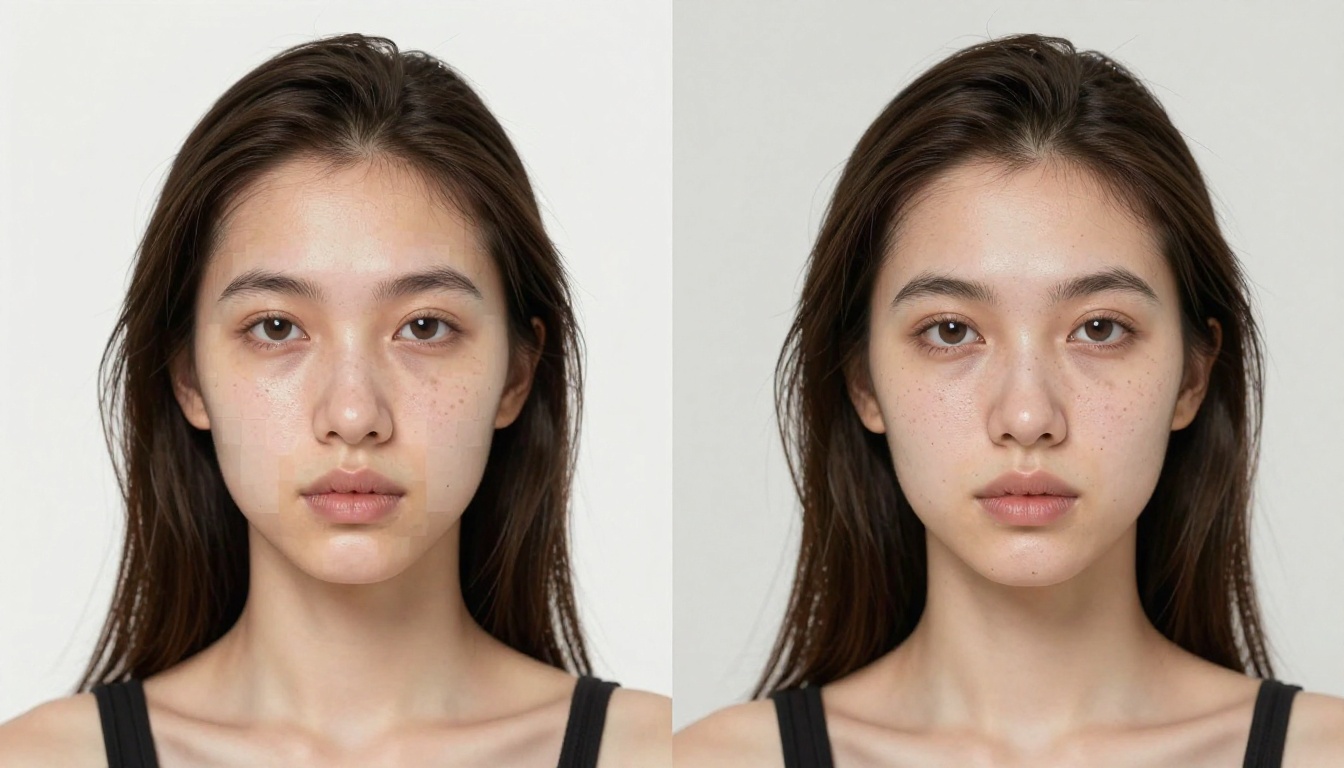 Before and after comparison showing skin texture improvement when upscaling AI portrait from standard to 4K resolution