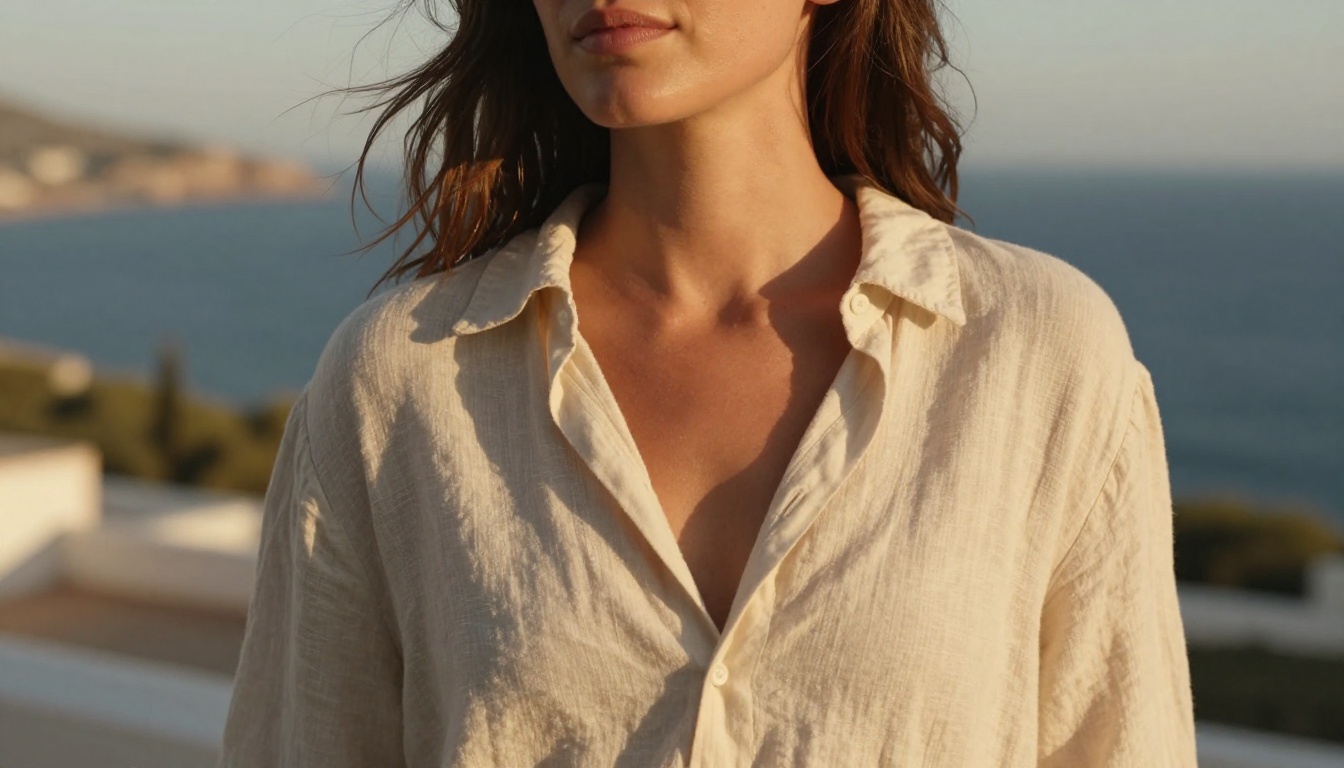 Portrait in warm Mediterranean afternoon light showing olive skin with golden-hour glow and natural pore detail