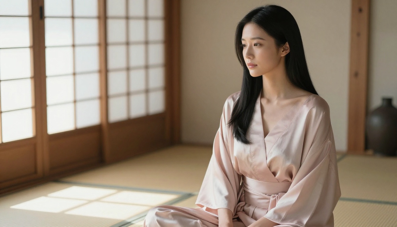 Japanese minimalist bedroom with silk kimono robe and shoji screen morning light