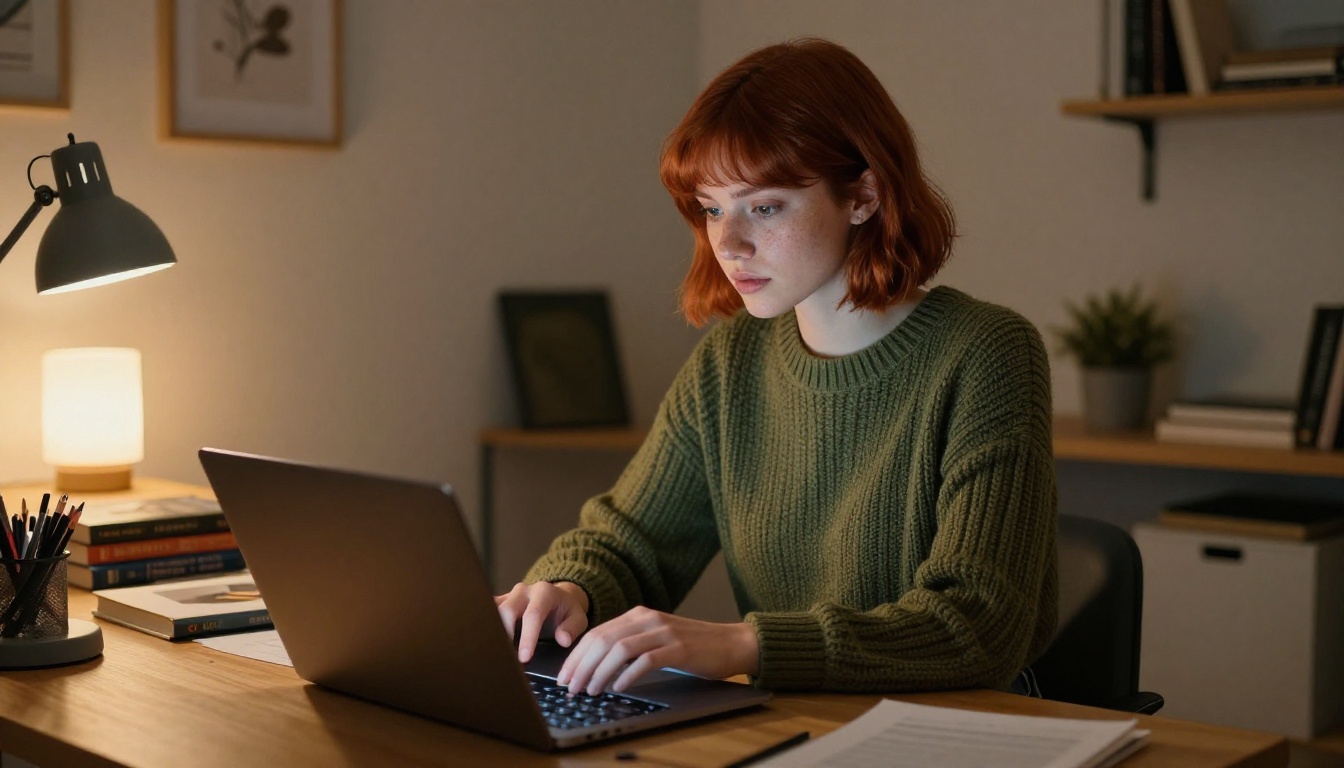 Creator working at a glowing laptop in a moody home studio at night