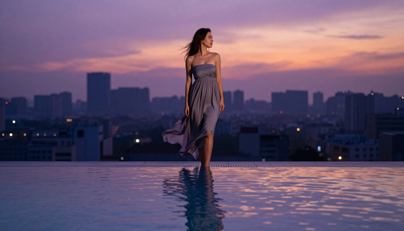 Confident woman in strapless dress at rooftop pool with city skyline at dusk