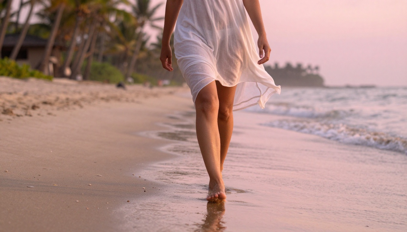 Woman in sheer cover-up walking on tropical beach at sunrise with reflection in wet sand