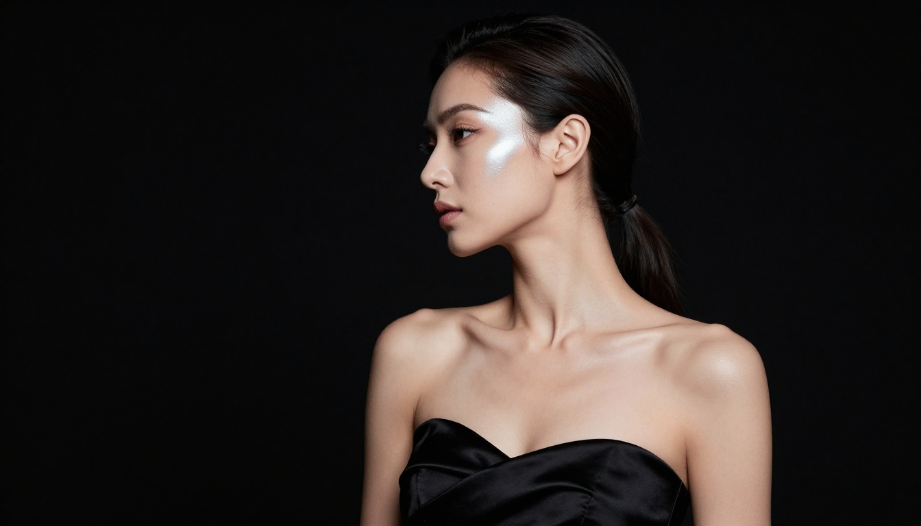 Dramatic side-profile portrait with silver rim light tracing elegant neck and shoulder silhouette against black background