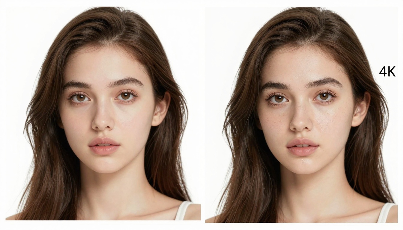 Photography comparison panel showing low-resolution versus ultra-sharp 4K AI output with crisp skin and hair detail