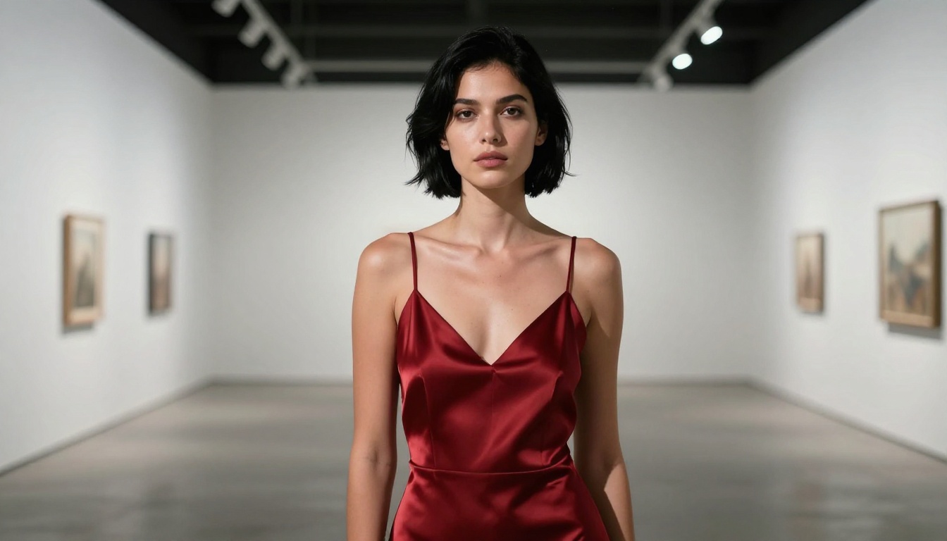 Low-angle editorial portrait of confident woman in red satin dress in modern art gallery Low-angle editorial portrait of confident woman in red satin dress in modern art gallery