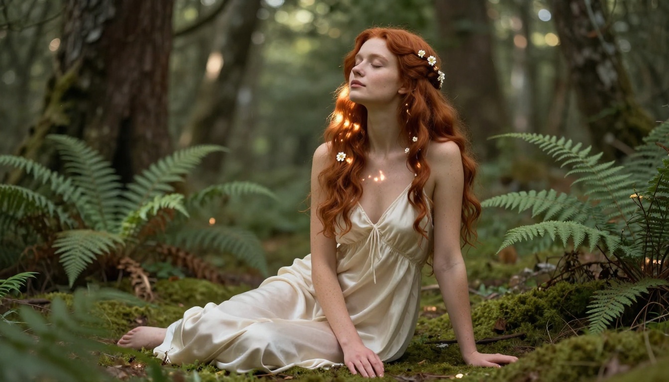 Fantasy portrait of woman with copper-red hair adorned with flowers in sunlit forest clearing Fantasy portrait of woman with copper-red hair adorned with flowers in sunlit forest clearing