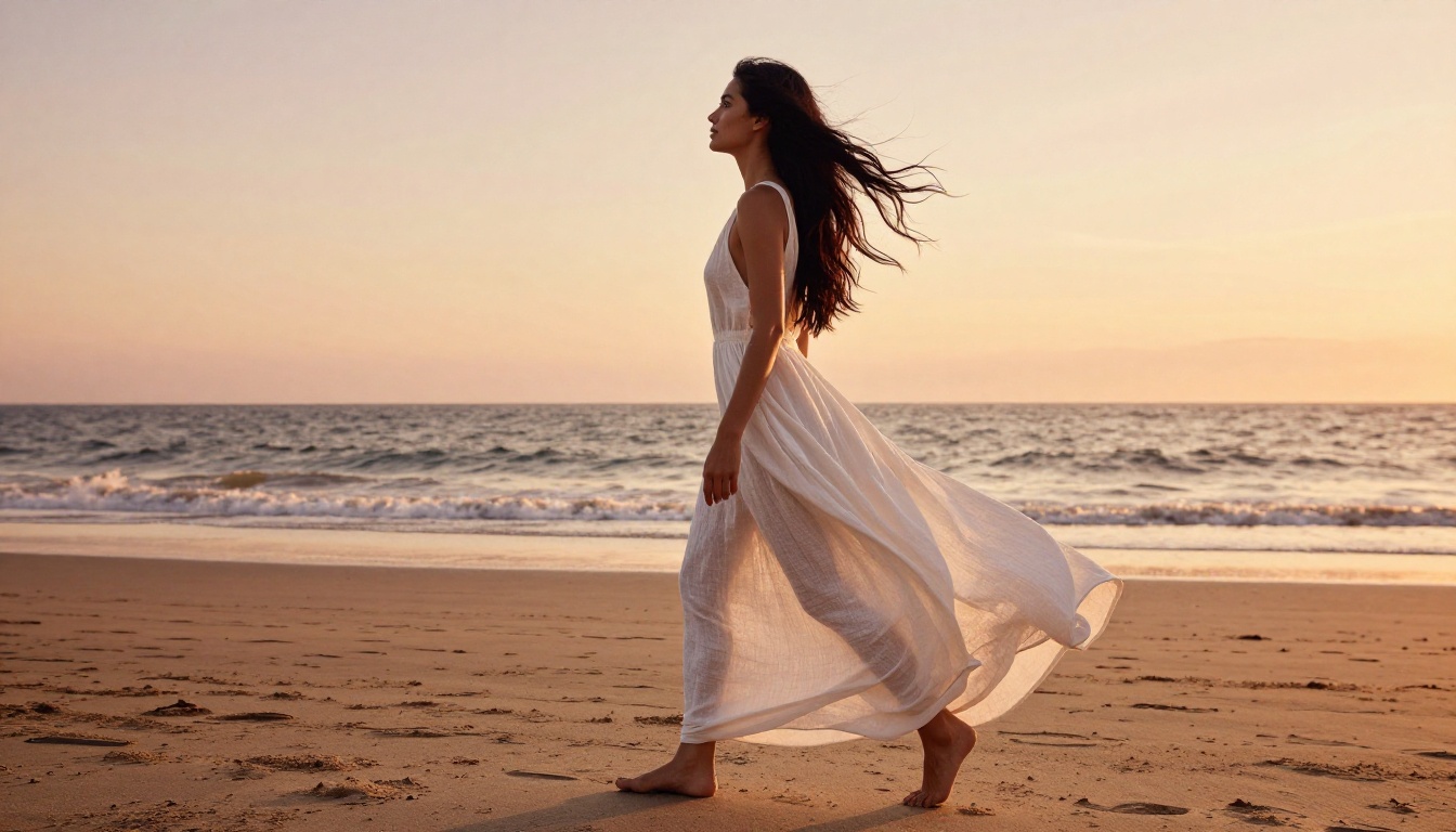 Dynamic beach portrait of woman in billowing white maxi dress, golden sunset, hair in wind Dynamic beach portrait of woman in billowing white maxi dress, golden sunset, hair in wind