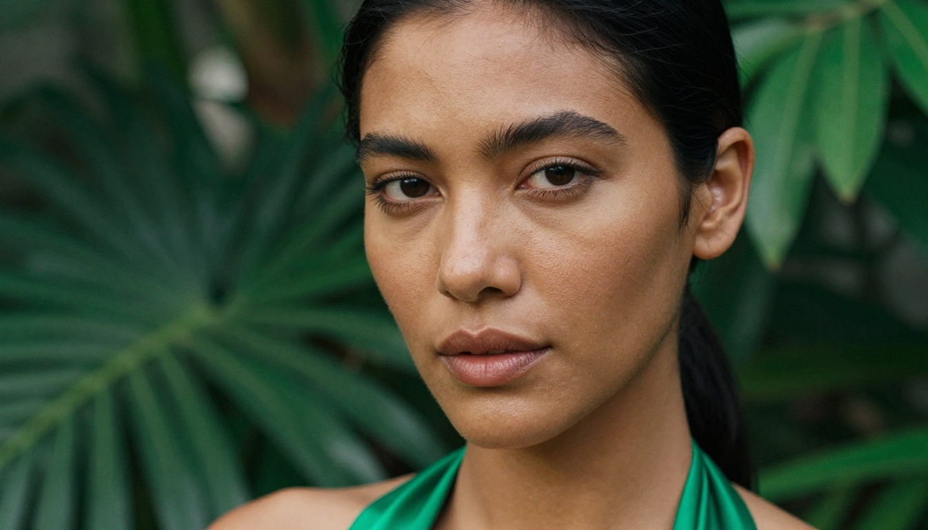 Close-up portrait of woman with olive skin and emerald green halter top, tropical garden bokeh Close-up portrait of woman with olive skin and emerald green halter top, tropical garden bokeh