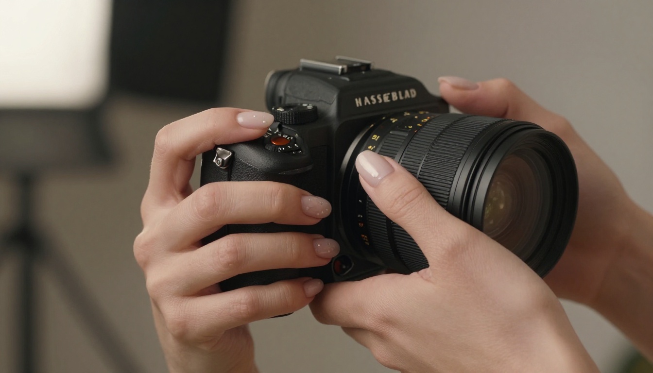 Close-up of hands adjusting camera settings on a professional Hasselblad camera body