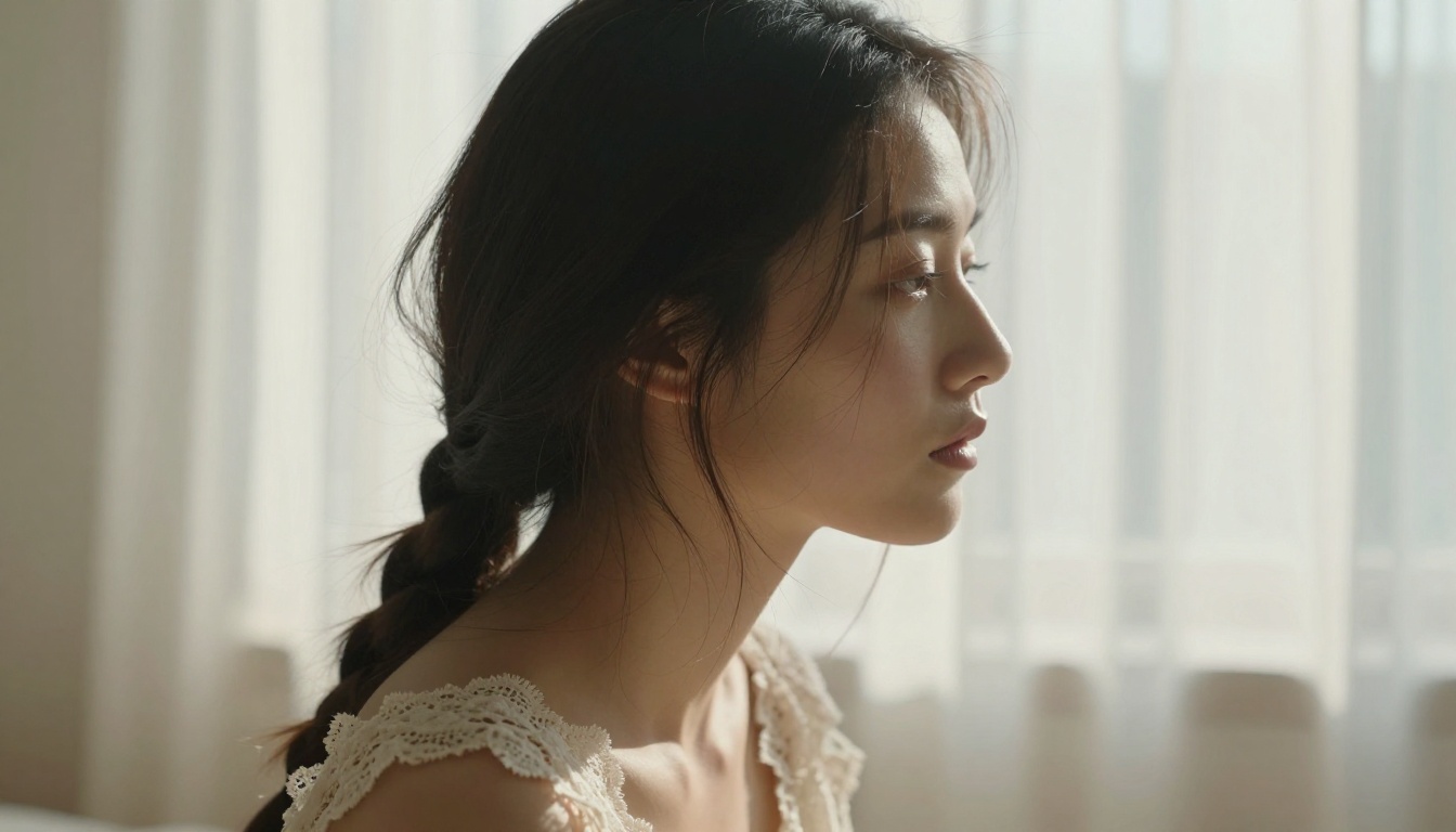 Portrait of a woman in ivory lace top bathed in diffused morning light