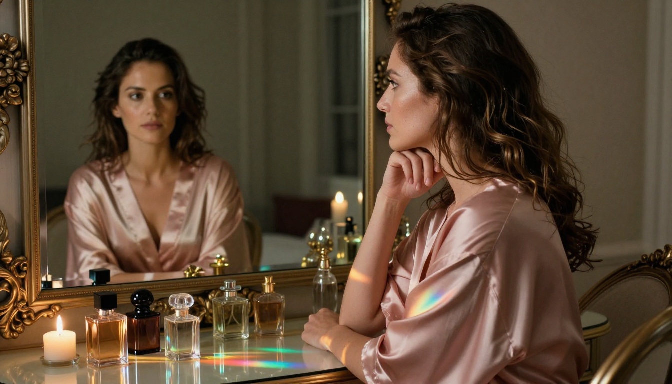 Woman at a boudoir vanity table in blush silk robe with candlelight reflections in ornate mirror