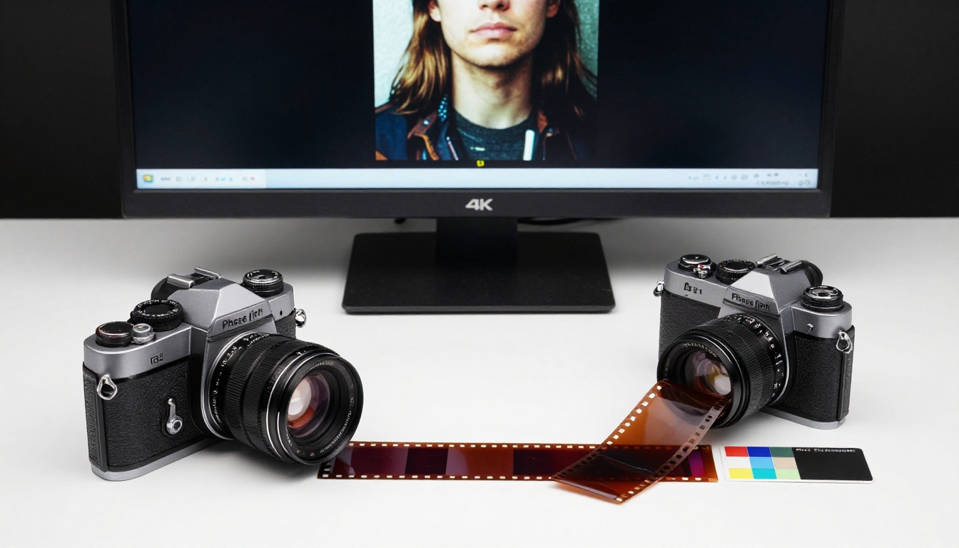 Technical flat-lay comparing vintage film camera and modern digital camera body with 4K display