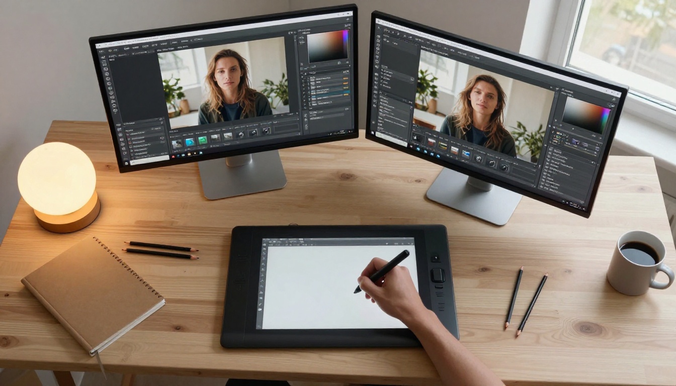 Aerial workspace with tablet and editing monitors