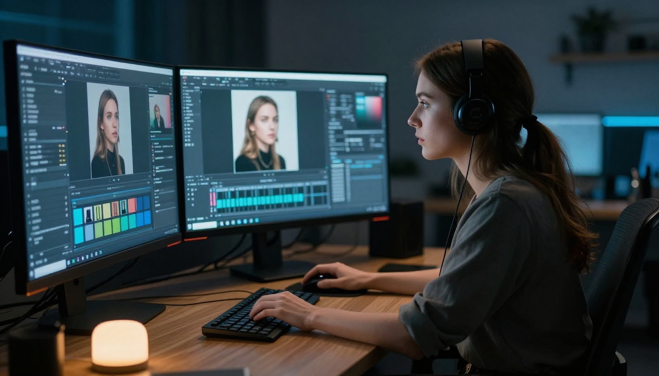 Content creator at editing workstation with multiple monitors