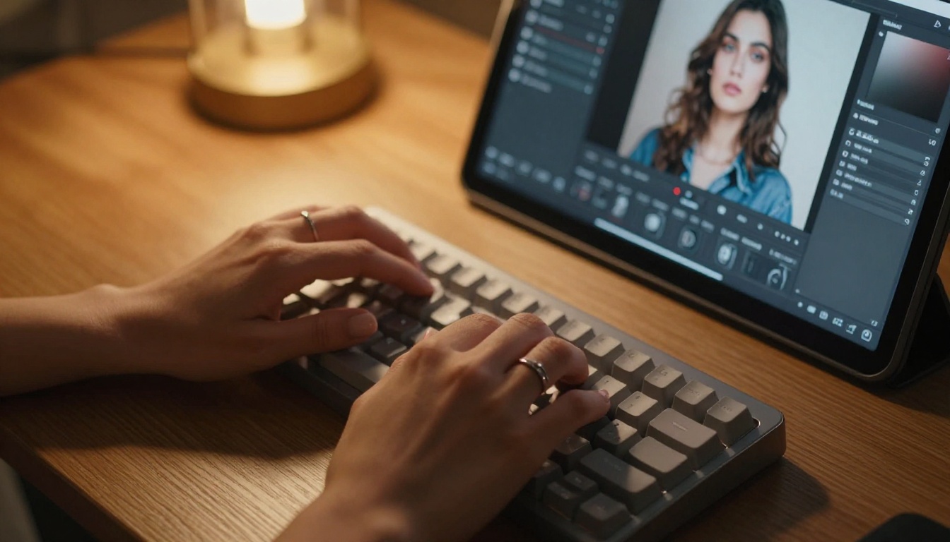Close-up of hands editing on tablet with keyboard